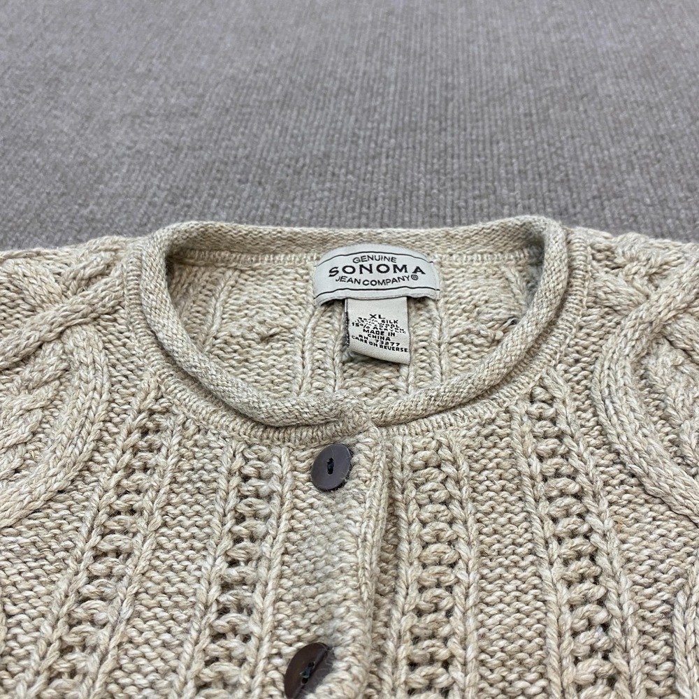 VTG Sonoma Sweater Women XL Beige Silk Wool Cable Knit Button Crew Neck Cardigan - Picture 2 of 11